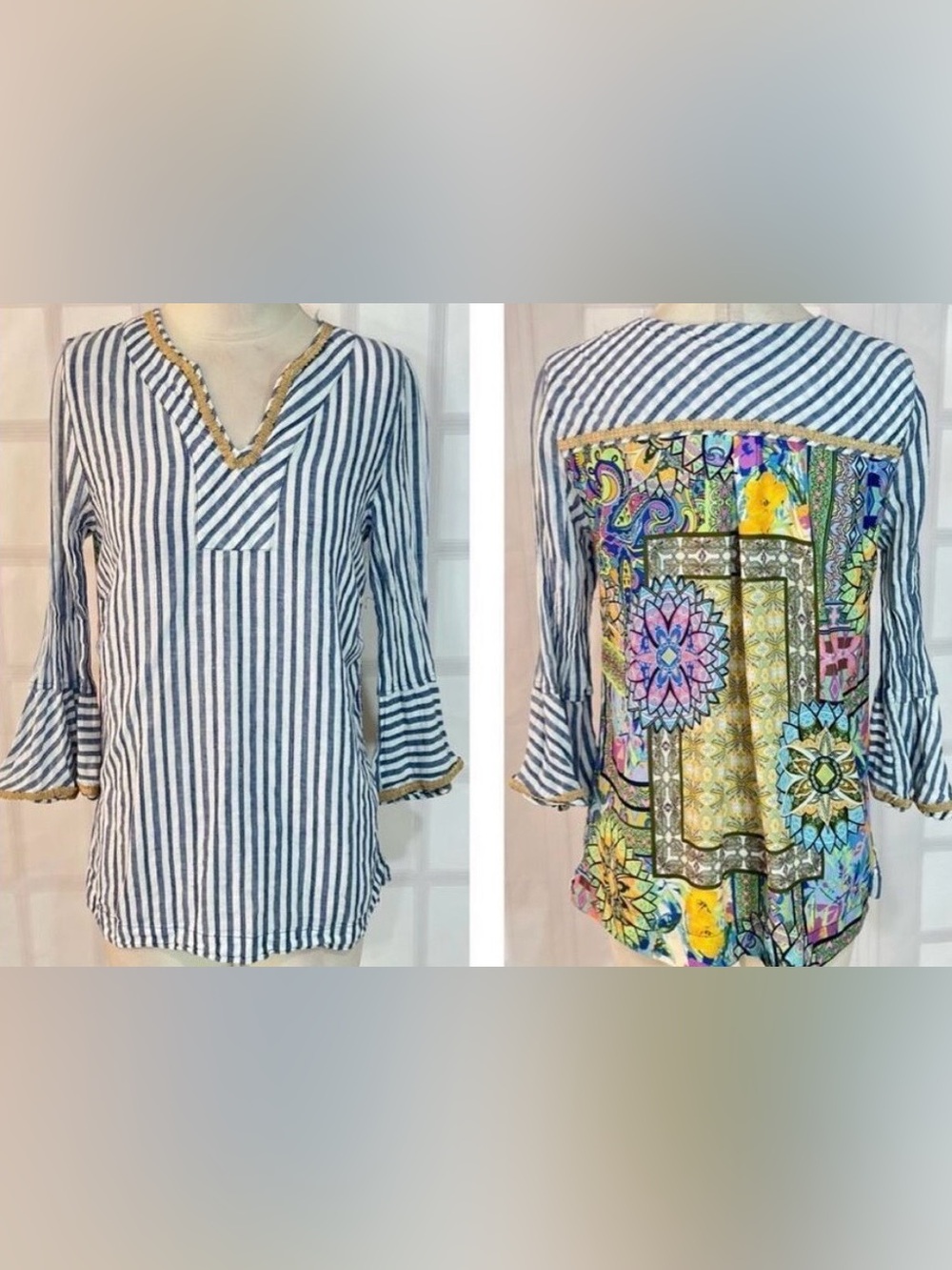 John Mark Boho Chic & Beachy 3/4 Sleeve Mixed Media Tunic Mandala Whimsy Sz XL